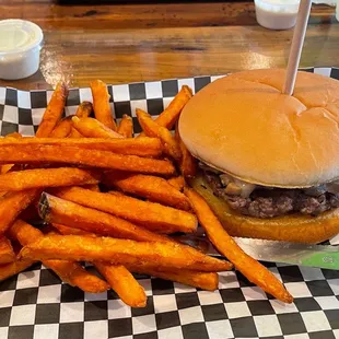 Mushroom Swiss Burger w sweet potato fries