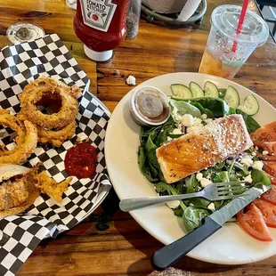 Spinach Salmon Salad and onion rings