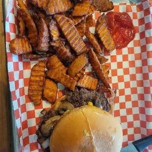 Works Burger and sweet tater fries