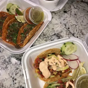 Quesabirria (left), veggie tacos (right)