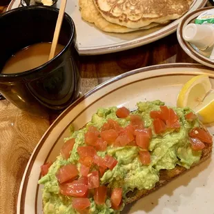 Avocado Toast, Regular Coffee, Pancakes