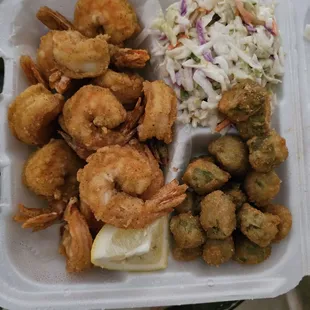 Jumbo fried shrimp with okra and cole slaw