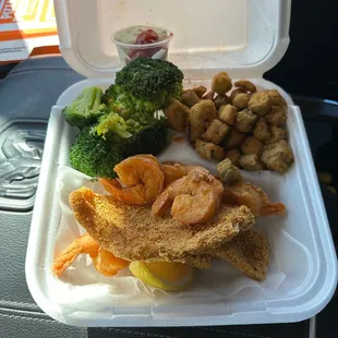 Catfish, shrimp, okra, steamed broccoli