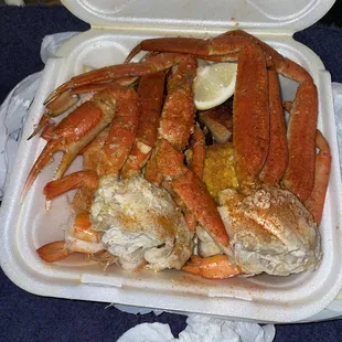 Pick 3. Double crab legs and shrimp with cajun seasoning and garlic butter. Mild seasoning and it comes with corn and potatoes