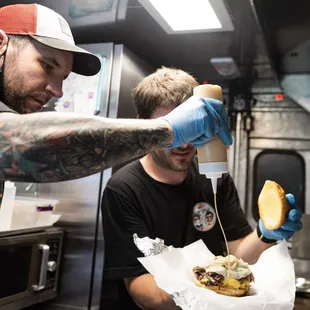 Joey and Dave making the RB Burger