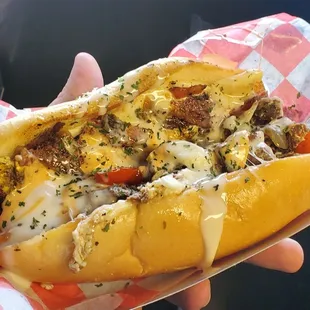 Steak sandwich w/ stash sauce and queso, queso I want another one...