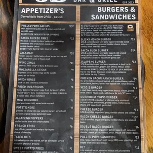 Appetizer &amp; Burger Menu.