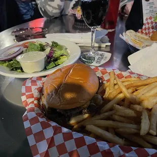 Double Grilled Burgers Double with fries and a side salad
