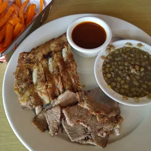 Combo - ribs &amp; brisket with lentils &amp; sweet potato fries $15