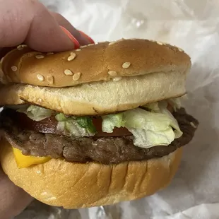 a hand holding a hamburger