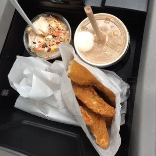 Reese&apos;s storm, chocolate malt and chicken tenders.