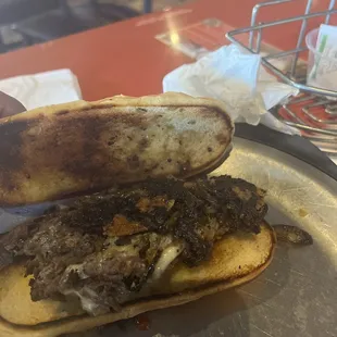 a steak sandwich on a bun