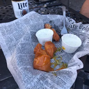 Awesome boneless skinless wings with assortment of sauces! Yum