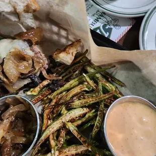 Mushroom and Swiss burger with okra fries so good