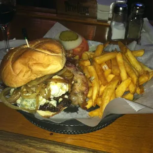 The Blue Cheese Burger with bacon and grilled onions added.