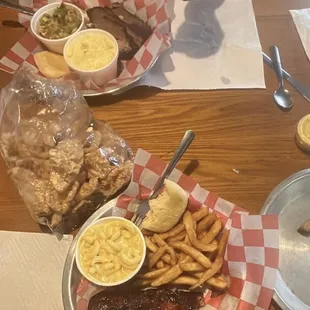 Ribs, Mac and cheese, brisket, pork rinds