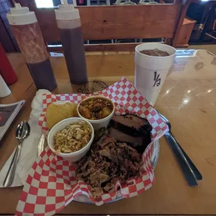 Combo plate: pork and brisket, red slaw, Brunswick stew.