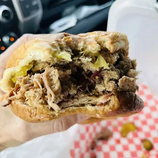 Pulled pork with vinegar bbq sauce and extra pickles.