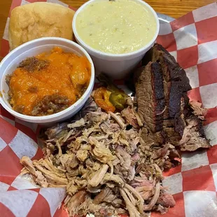 Pulled pork, Brisket, Sweet Potato Crunch and Jalapeño Cheese Grits!