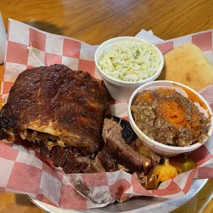 Brisket, ribs, sweet potato crunch and coleslaw.