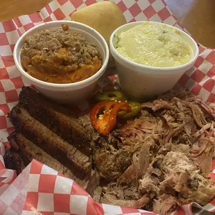 Brisket and pork combo with sweet potato crunch and jalapeño cheese grits