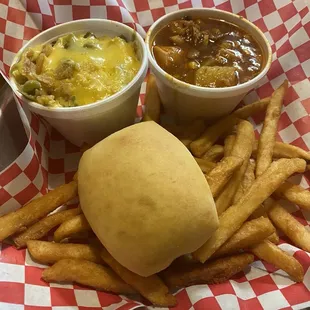 Side plate with fries, green bean casserole, and Brunswick stew
