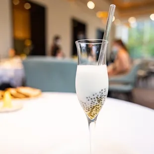 CAVIAR BUBBLE TEA: Kombu Scented Almond Milk