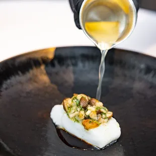 STEAMED ATLANTIC COD: Hon Shimeji Mushrooms | Lemongrass Consommé