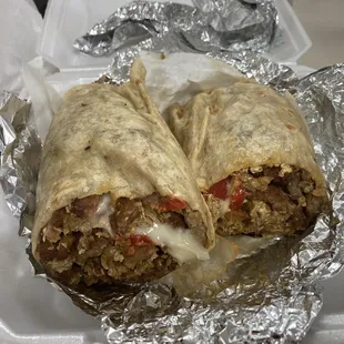 The absolutely massive breakfast burrito!  Loaded with meat, peppers, onions, and home fries.