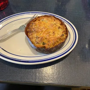 "Egg",  sausage, scallion, cheese strata