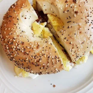 Bacon egg and cheese on everything bagel