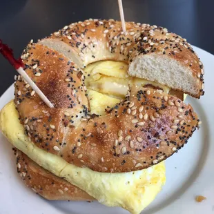 Bacon egg and cheese on everything bagel