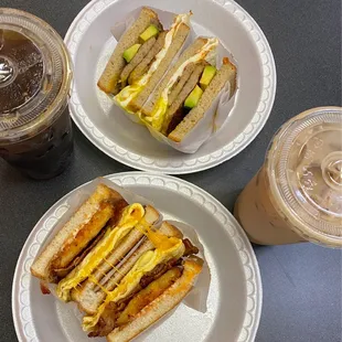 Iced coffees Bacon, egg, and cheese with hash brown on white  Turkey sausage, egg, cheese, avocado on rye