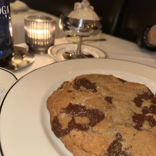 a chocolate chip cookie on a plate