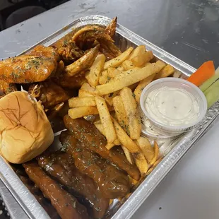 3 da hard way honey gold chicken tender, wingz and fries