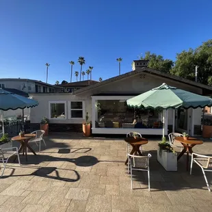 patio area with tables and umbrellas
