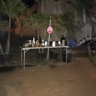 His condiments table. Got everything from ketchup to different hot sauces to shoyu. Good selection!!