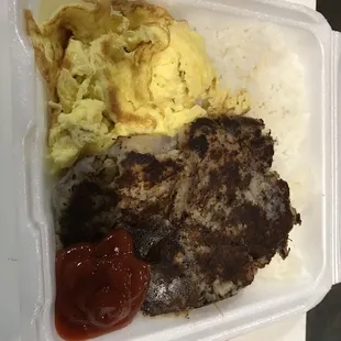$5.50 kalua pork hash breakfast (looks like regular and Okinawan sweet potatoes in the hash) super Ono!!