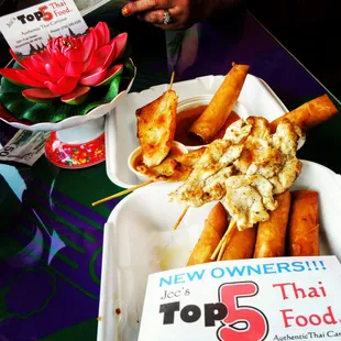 6 pack Spring Rolls only 5 bucks n Chicken Satay be great