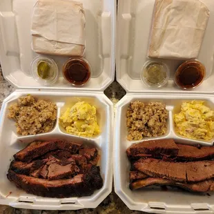 2 orders Brisket and Ribs along with 2 sides dirty rice and potato salad.