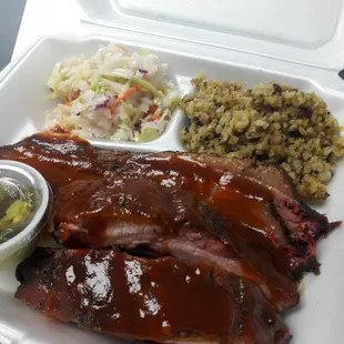 Ribs, dirty rice and cole slaw.  Can&apos;t go wrong with that.