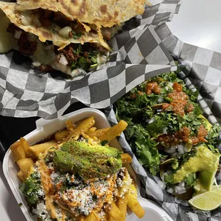Pastor Quesadilla, Carne Asada Tacos, Asada Fries