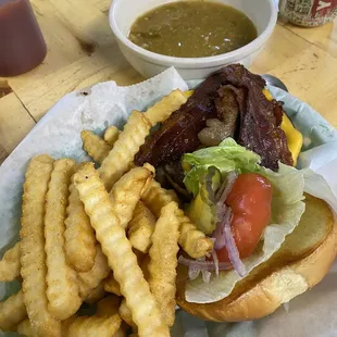 Bacon Cheeseburger, Fries, Green Chile on the side.