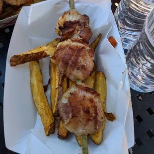 Bacon-wrapped scallops the fries