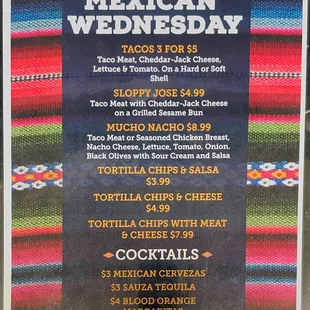 Mexican Wednesday menu