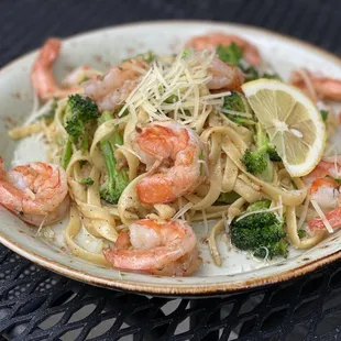 Lemon and Garlic Fettuccini with Shrimp and Broccoli.