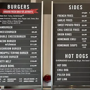 Burgers and Sides menu