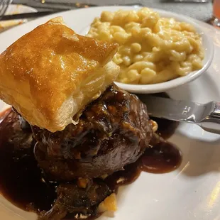 Beef Wellington style steak with mac and cheese