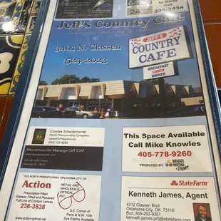 a menu for the restaurant