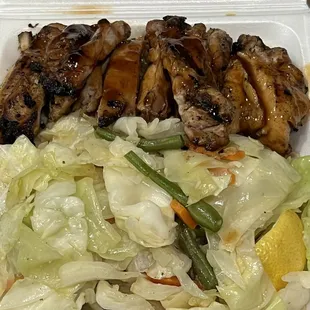 BBQ Chicken, veggies, fried rice, noodles.